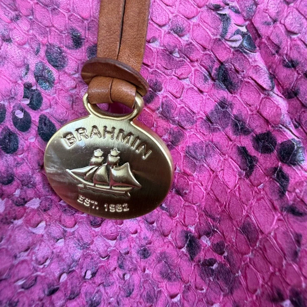 Brahmin Hot Pink Snake Embossed Leather Hobo Bag Y2K Boho Shoulder Purse Large